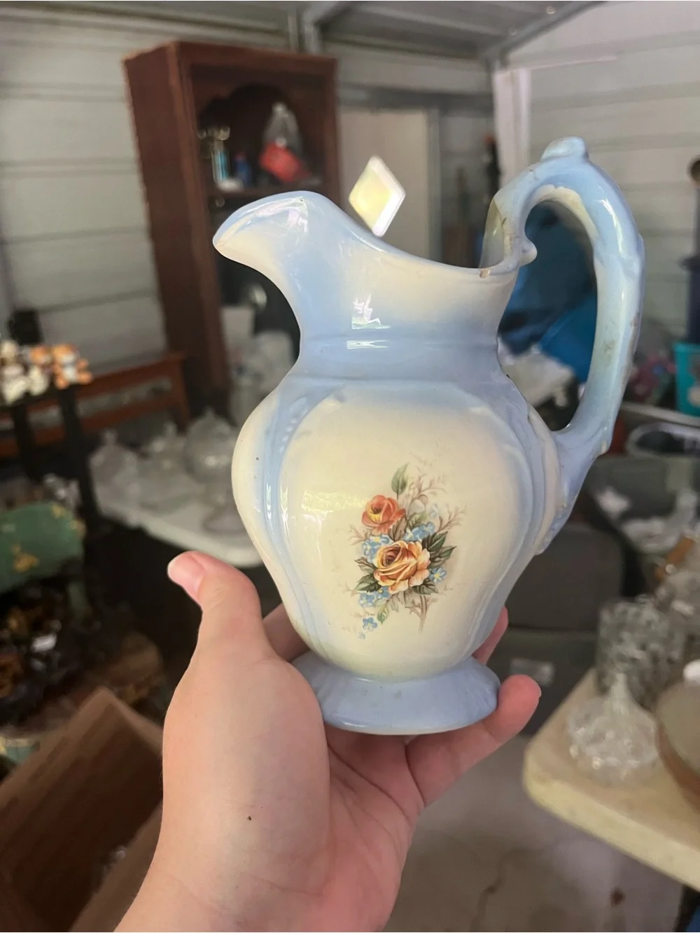 Vintage Blue and Cream Floral Pitcher
